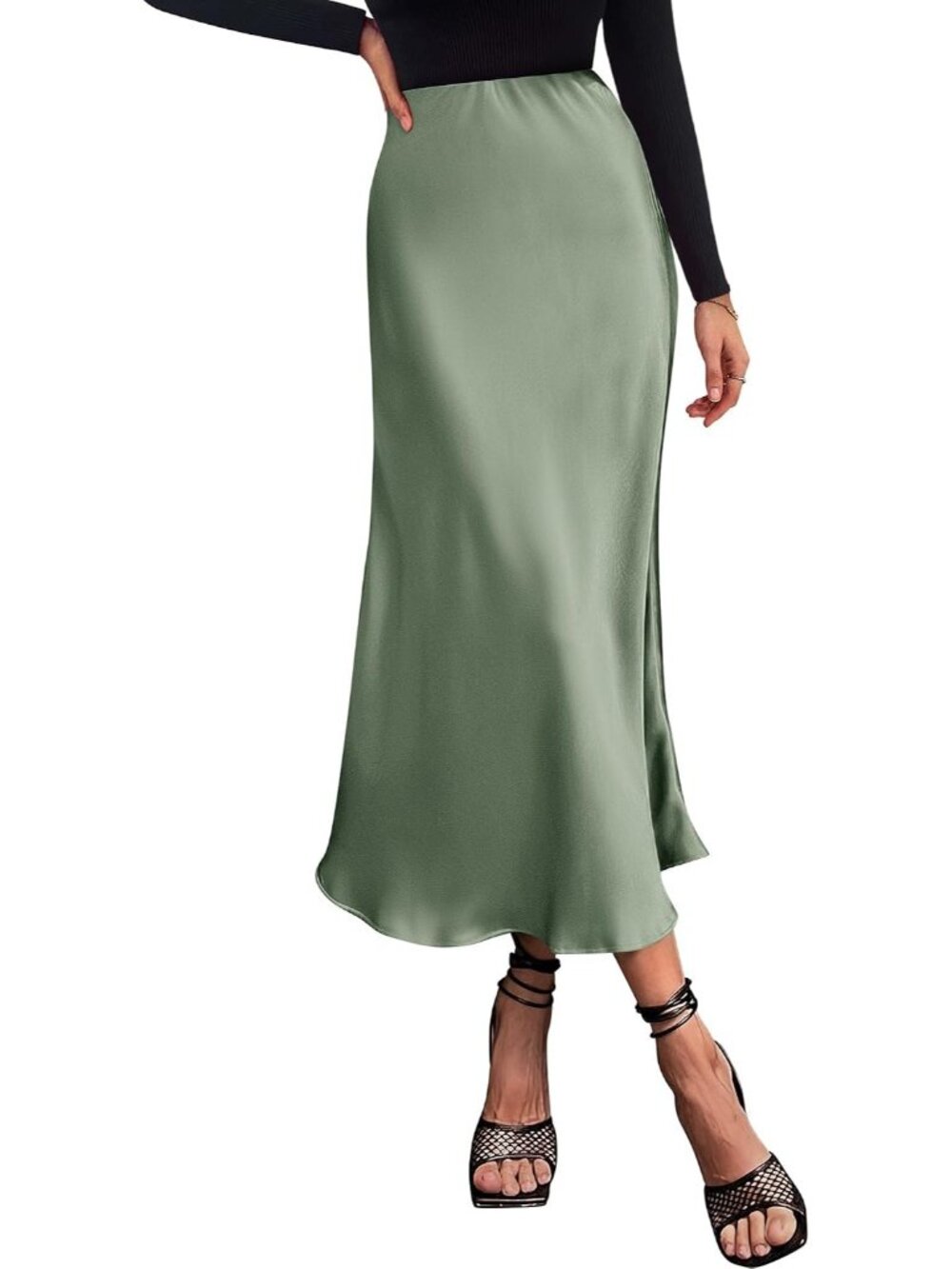Women's Light Green High Waist Satin Elegant Slip Bias Cut Flowy Long Midi Skirt